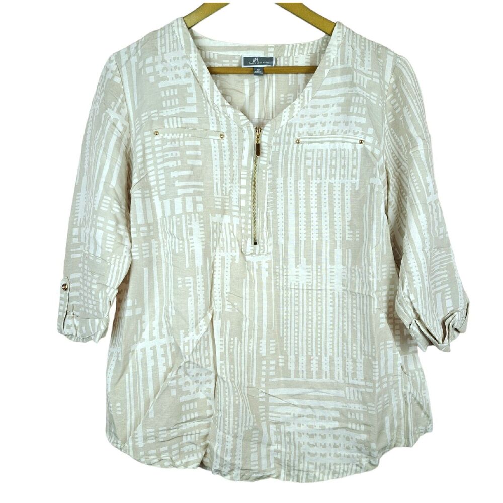 JM Collection Beige 3/4-Sleeve Printed Zippered-Neck Blouse Size M Linen Blend